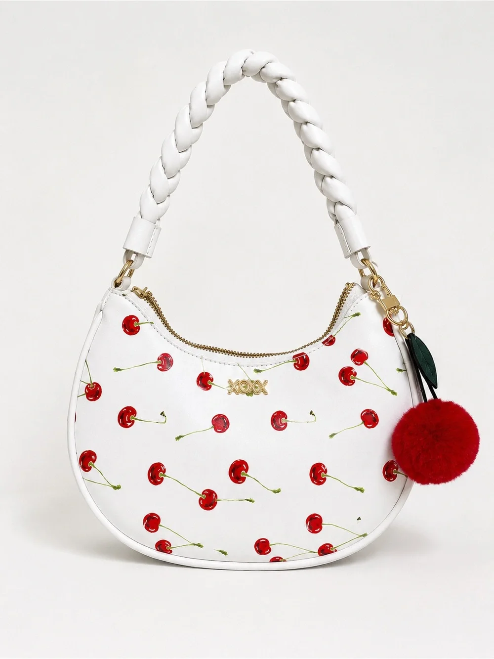 XOXO White Cherry-Print Shoulder Bag with Red Pom Charm